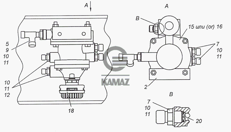 Камаз 4308 дифференциальный клапан где находится 4308-3500022-20 Установка клапана управления тормозами прицепа для автомобиля КА
