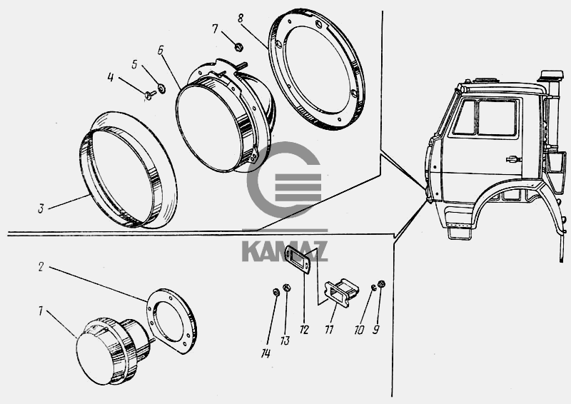 Камаз фары подключение Фары и фонари передние для автомобиля КАМАЗ 43101, 14 дет.