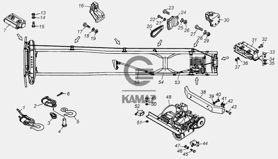 Установка лебедки для автомобиля КАМАЗ 4326, 50 дет.