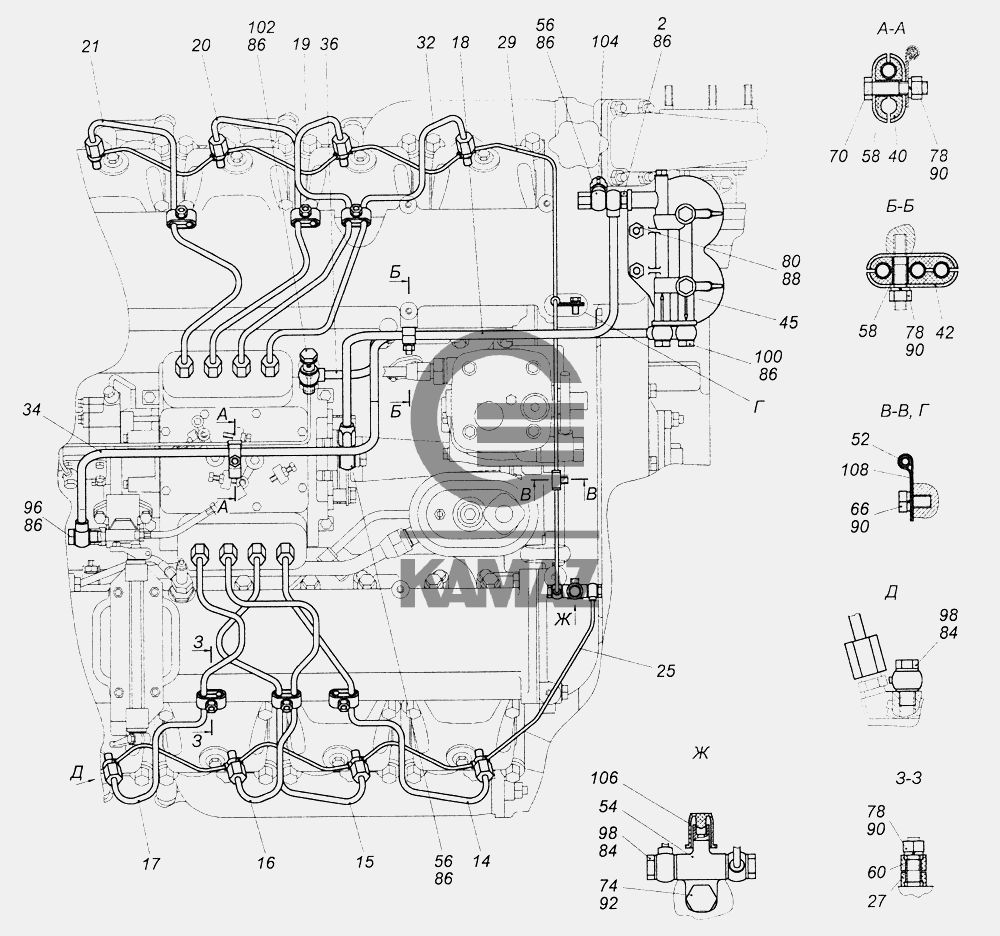 Подключение тнвд камаз евро 2 740.21-1104000 Установка топливопроводов для автомобиля КАМАЗ 43261 (Евро-1, 2),