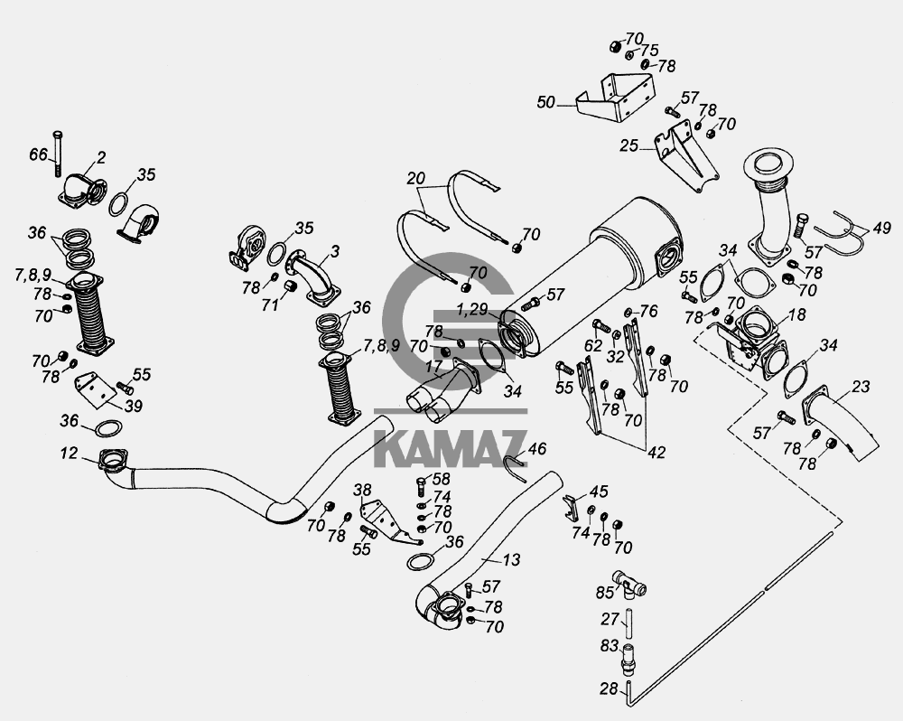 6520-1200002 Установка системы выпуска для автомобиля КАМАЗ 6520 (Euro-2,  3), 40 дет.