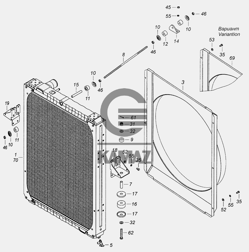 6520-1300023 Установка радиатора для автомобиля КАМАЗ 6520 (Euro-2, 3), 28  дет.
