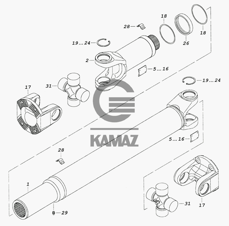 6520-2205011-10 Вал карданный среднего моста для автомобиля КАМАЗ 6520  (Euro-2, 3), 26 дет.