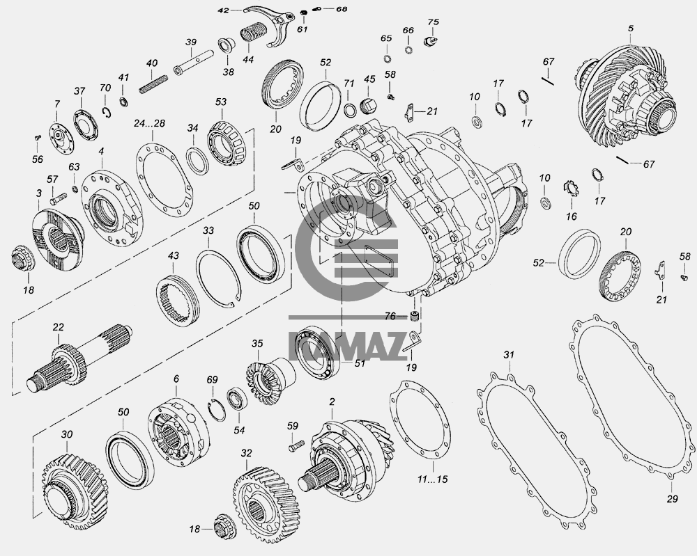 6520-2502011-10 Передача главная среднего моста для автомобиля КАМАЗ 6520  (Euro-2, 3), 62 дет.