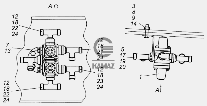 Подключение 53205 3515400 10 Установка четырёхконтурного защитного клапана для автомобиля КАМАЗ 6540, 17 дет.