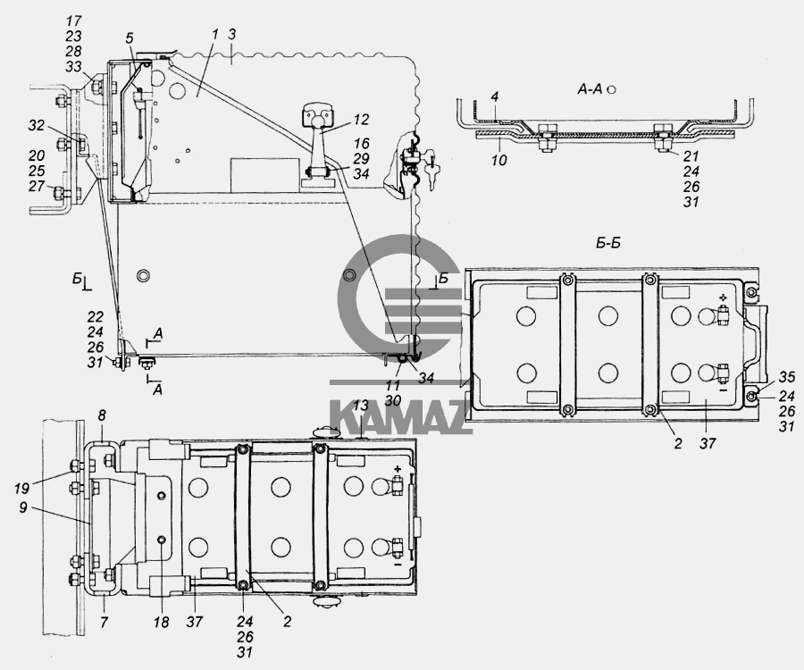 Установка аккумуляторных батарей для автомобиля КАМАЗ 6540, 33 дет.